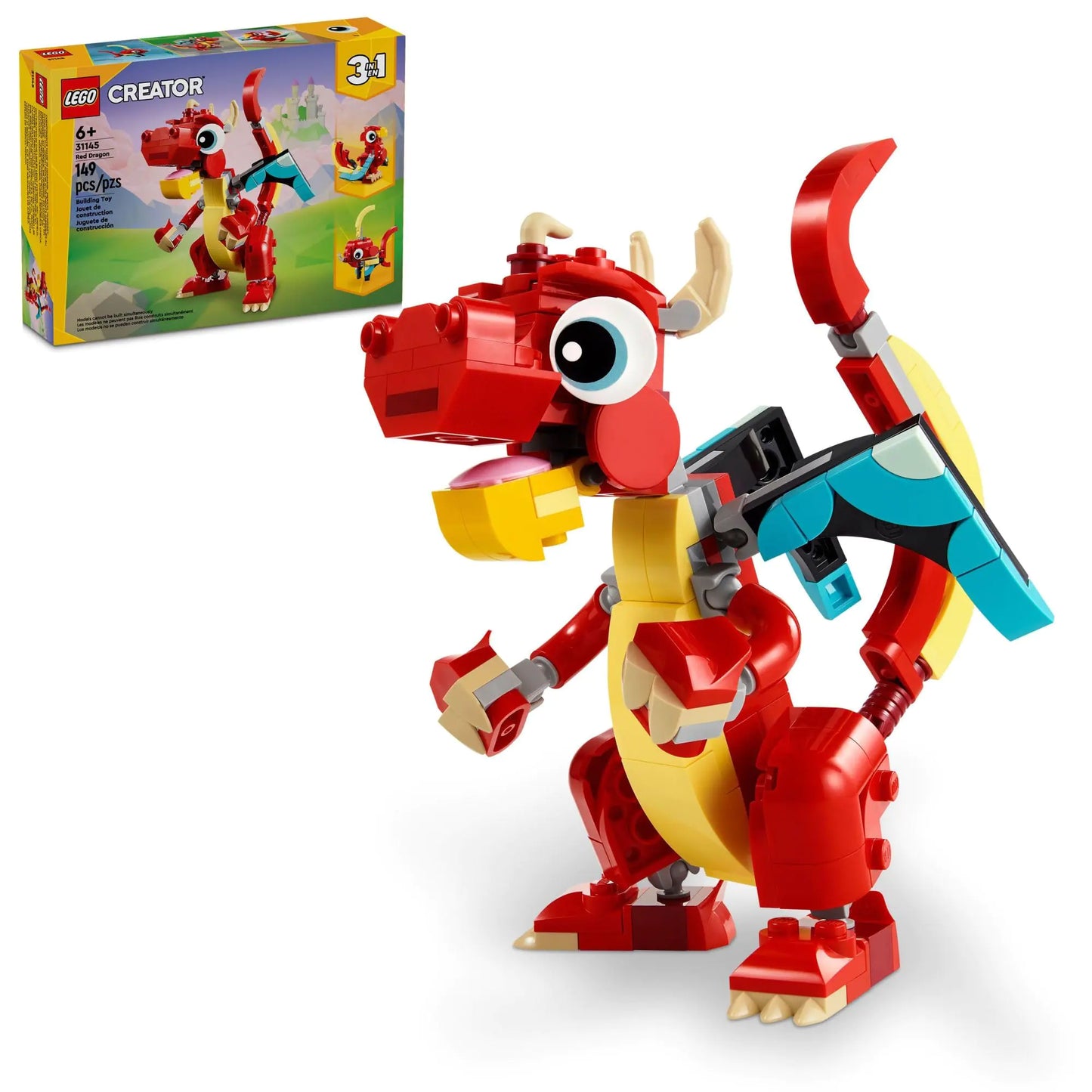 LEGO Creator 3 in 1 Red Dragon Toy Transforms from Dragon Toy to Fish Toy to Phoenix Toy Gift Idea for Boys and Girls Ages 6 and Up Animal Toy Set for Kids 31145