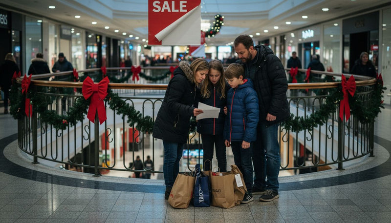 Family planning holiday shopping at decorated mall