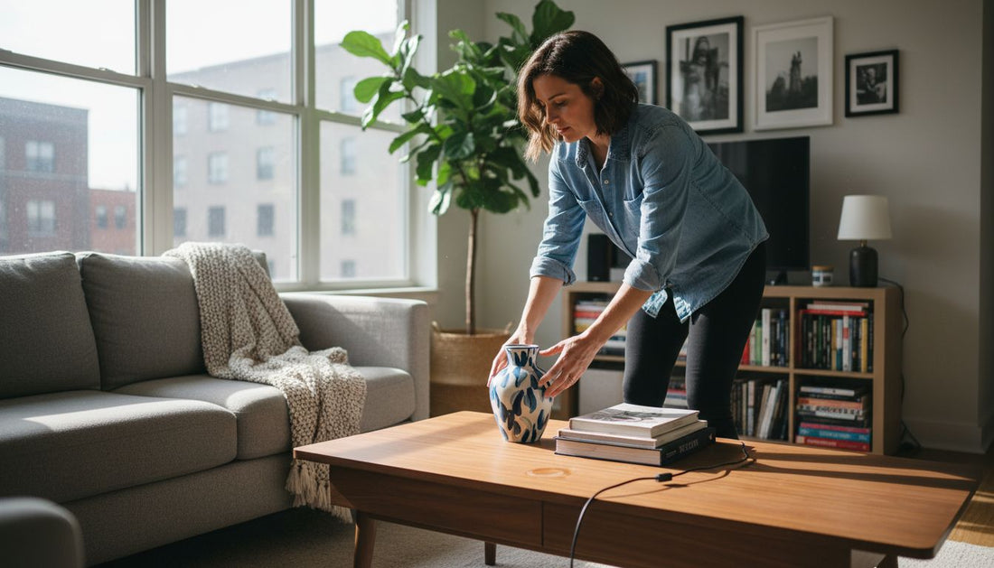 Woman arranging decor in bright modern living room