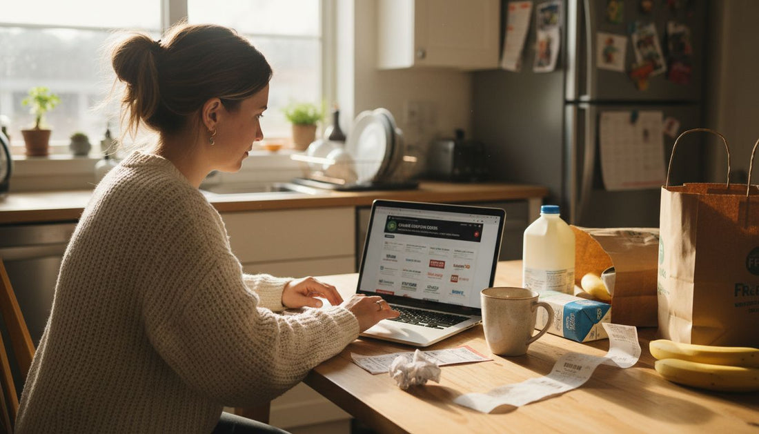 Woman searching online coupons at kitchen table