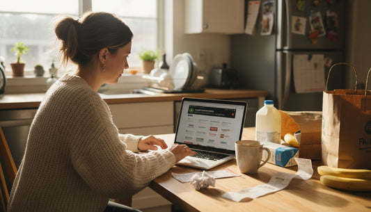 Woman searching online coupons at kitchen table