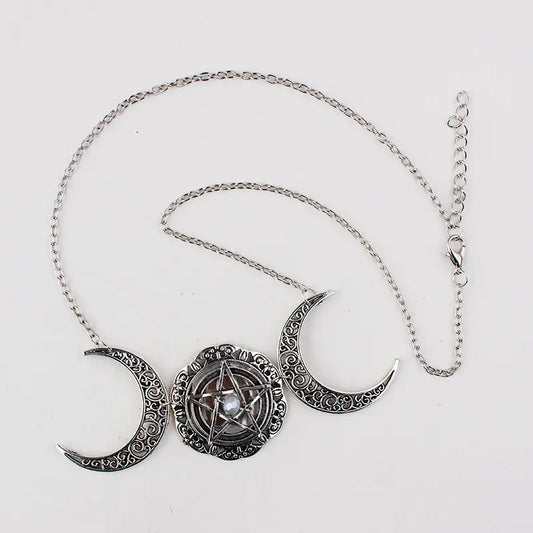Mystical Moon Necklace with Pentagram Design