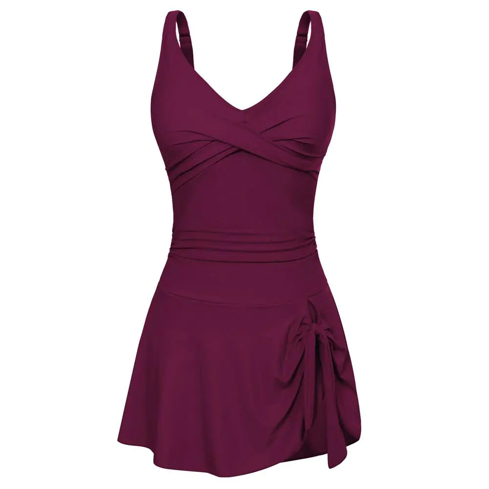Deep V Knot Skirted Swimsuit