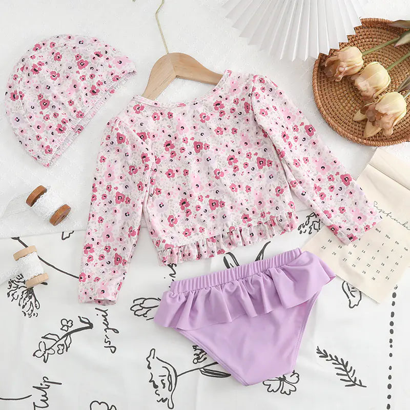 Girls' Long-Sleeved Floral Split Ruffled Swimsuit (2-10Y)
