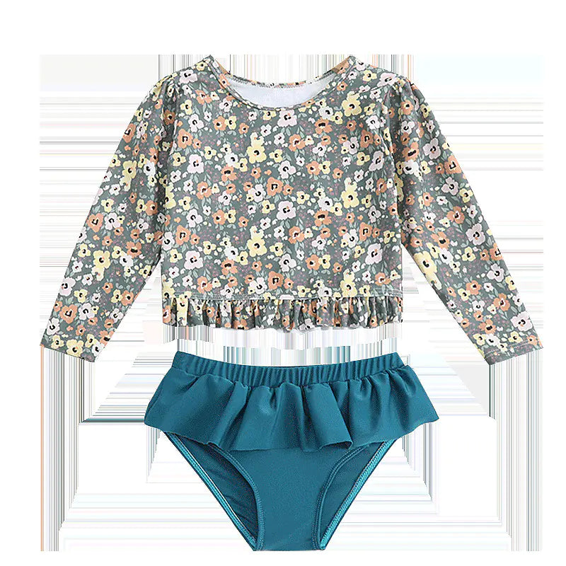 Girls' Long-Sleeved Floral Split Ruffled Swimsuit (2-10Y)