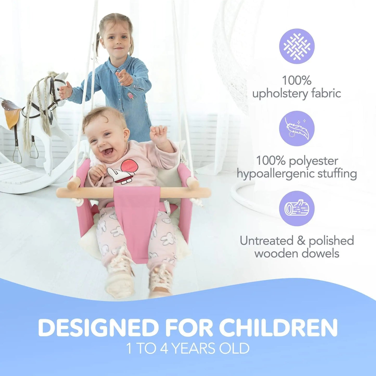 Pink Canvas Baby Swing Wooden Hanging Swing Seat Chair with Safety Belt Durable Baby Swing Chair Outdoor and Indoor Swing for Kids Mounting Hardware Included Pink