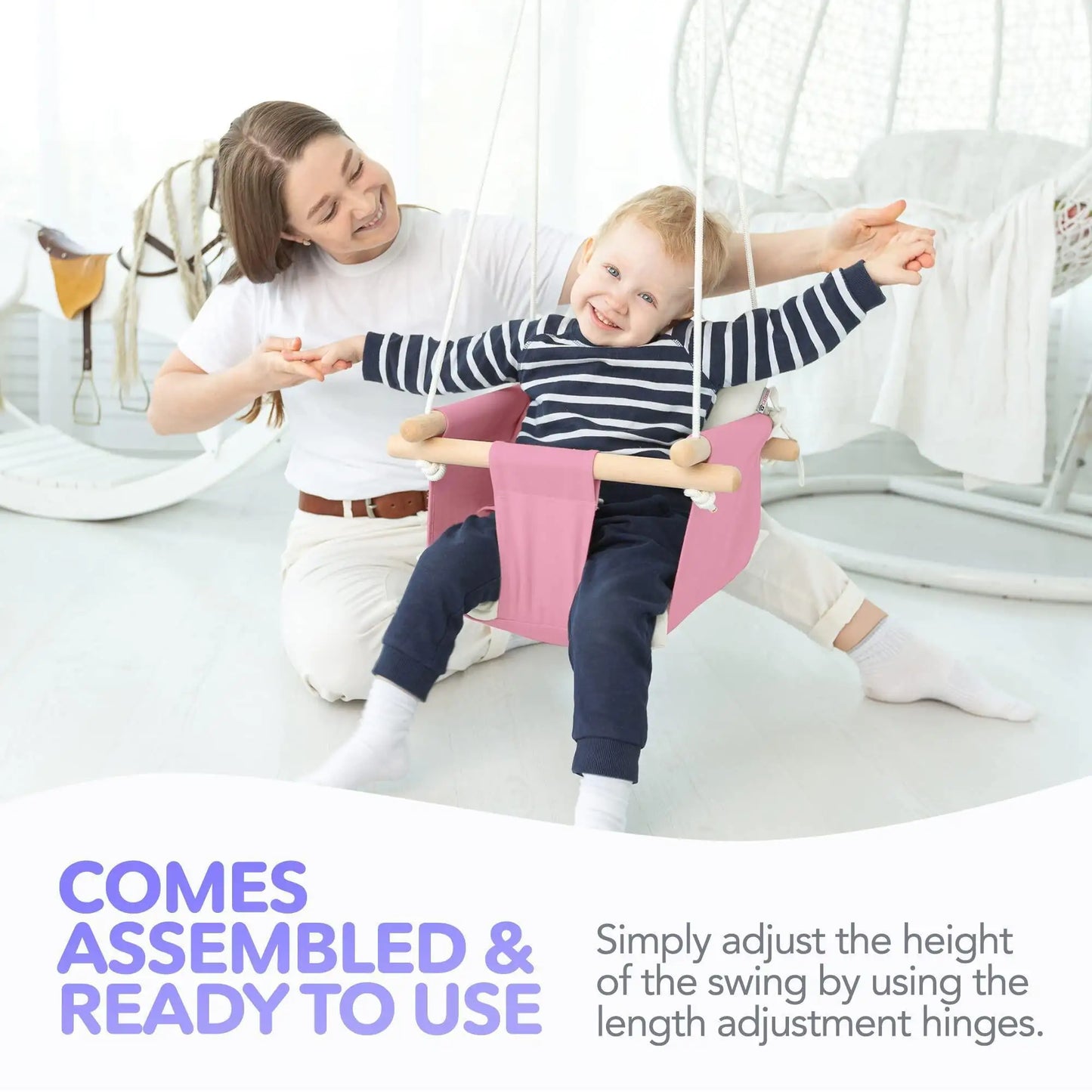 Pink Canvas Baby Swing Wooden Hanging Swing Seat Chair with Safety Belt Durable Baby Swing Chair Outdoor and Indoor Swing for Kids Mounting Hardware Included Pink