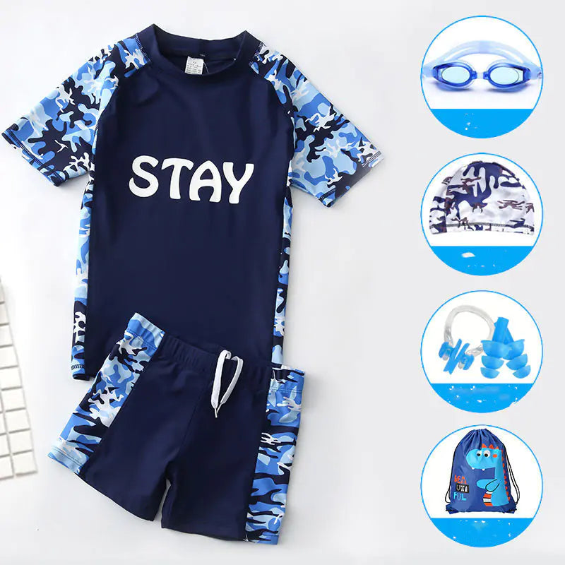 Boys' Swimwear Set with UV Protection and Swim Cap
