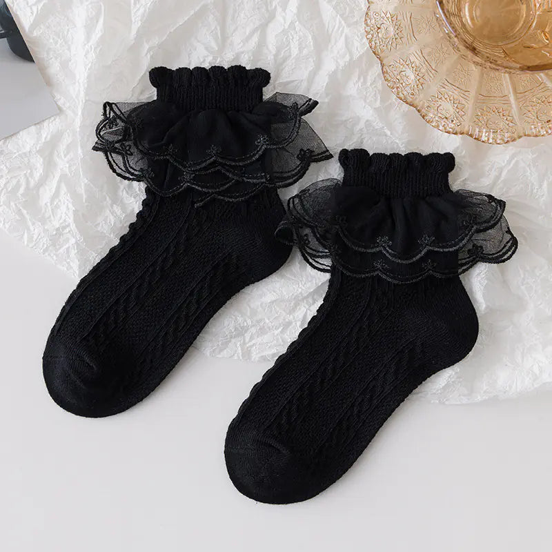 Lace Cotton Socks for Girls - Black Dance Socks
