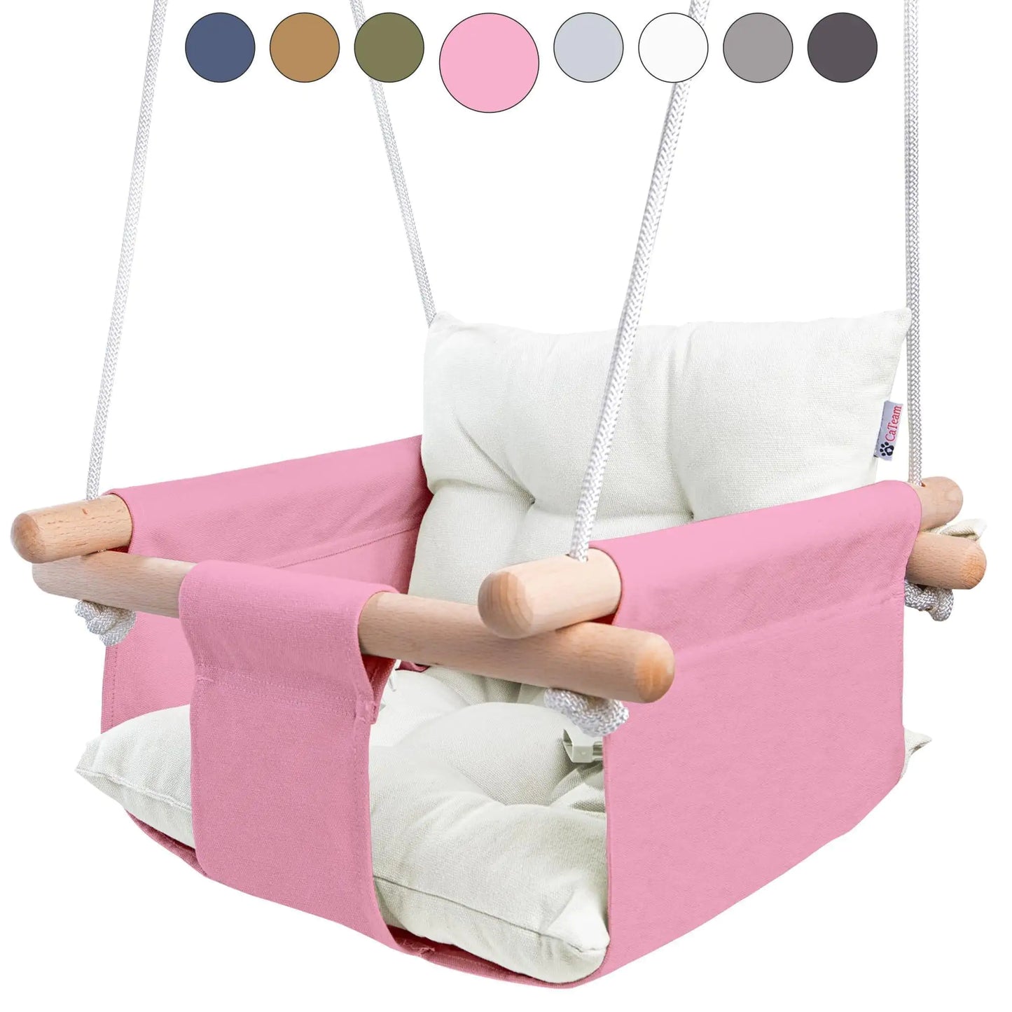 Pink Canvas Baby Swing Wooden Hanging Swing Seat Chair with Safety Belt Durable Baby Swing Chair Outdoor and Indoor Swing for Kids Mounting Hardware Included Pink