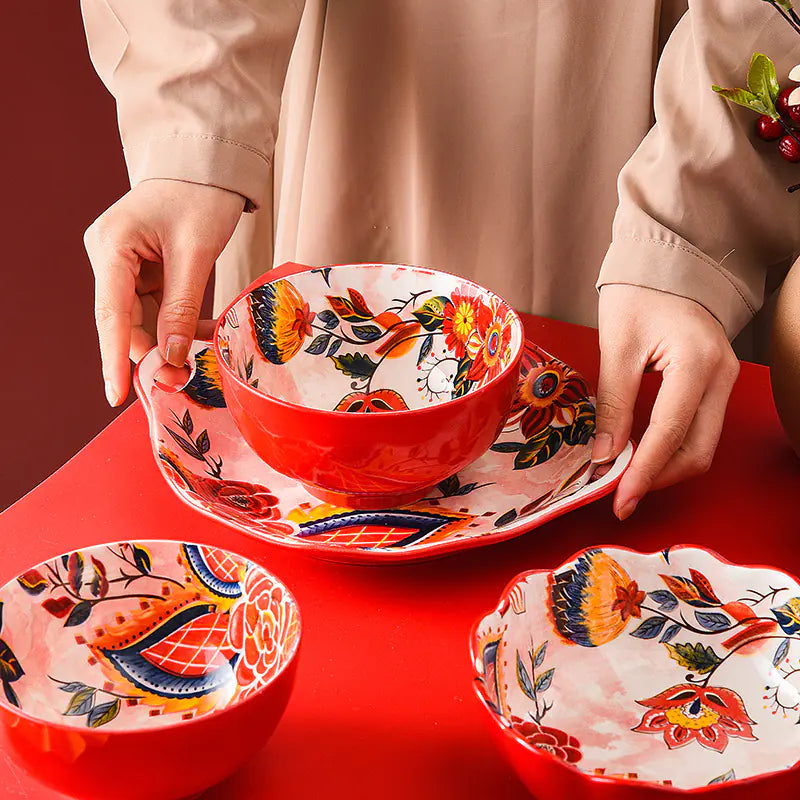 Japanese Style Painted Ceramic Bowl and Plate Set