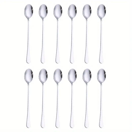 12pcs Long-Handle Stainless Steel Dessert Spoons