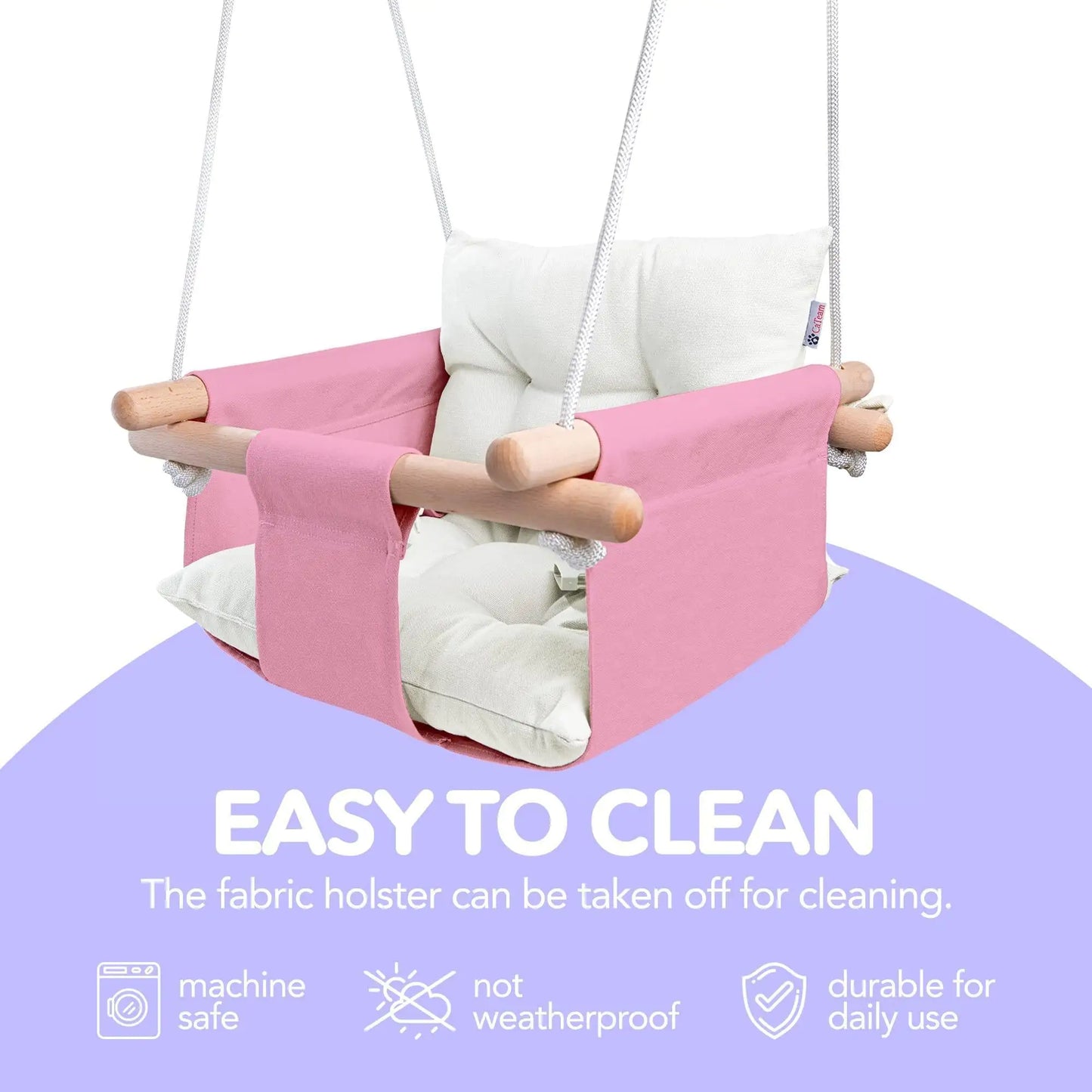 Pink Canvas Baby Swing Wooden Hanging Swing Seat Chair with Safety Belt Durable Baby Swing Chair Outdoor and Indoor Swing for Kids Mounting Hardware Included Pink