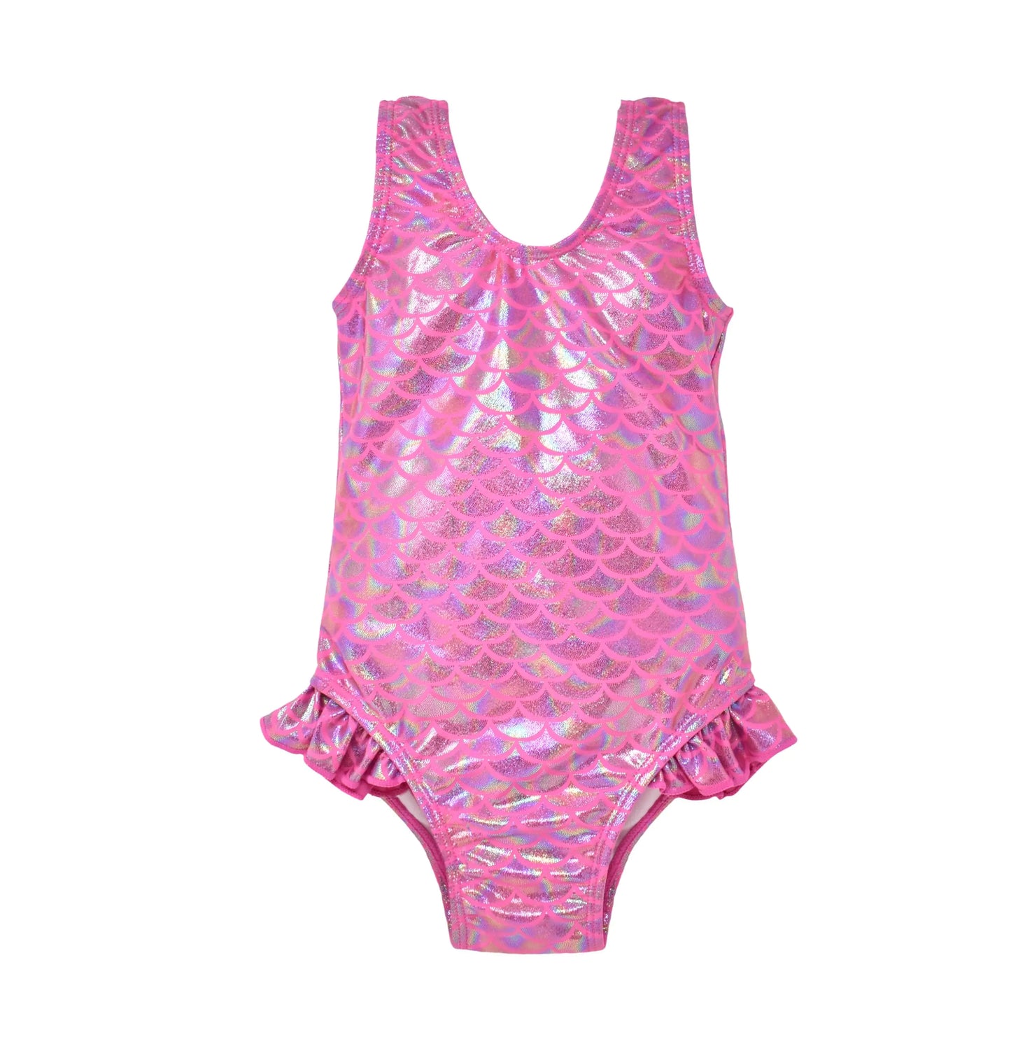 Flap Happy Girls UPF 50+ Delaney Hip Ruffle Swimsuit Shiny Pink Scales