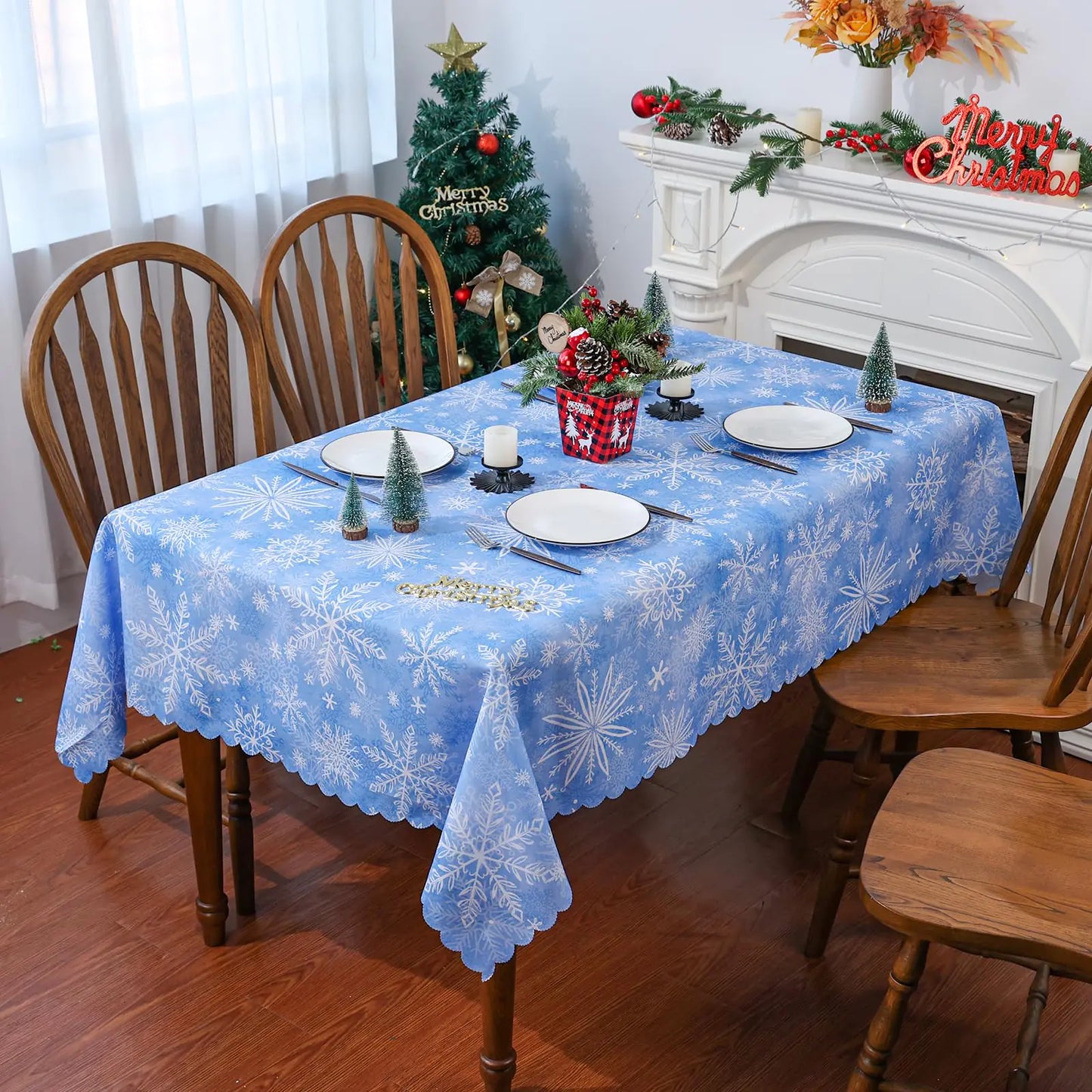Christmas Tablecloth 60 x 84 Inch Rectangular Christmas Decorations for Home Snowflake Decorations Blue Christmas Table Cloth Seasonal Winter Holiday Scallop Edge Table Cover Party Table Decorations