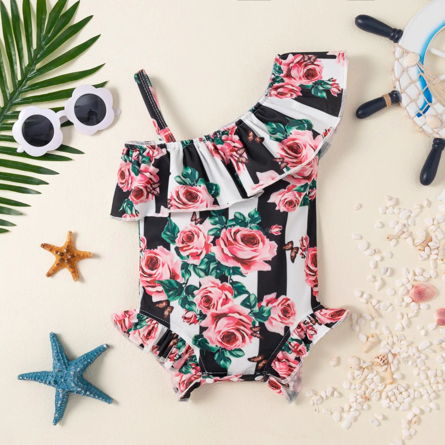 Girls' Rose Print Baby One-Piece Swimsuit