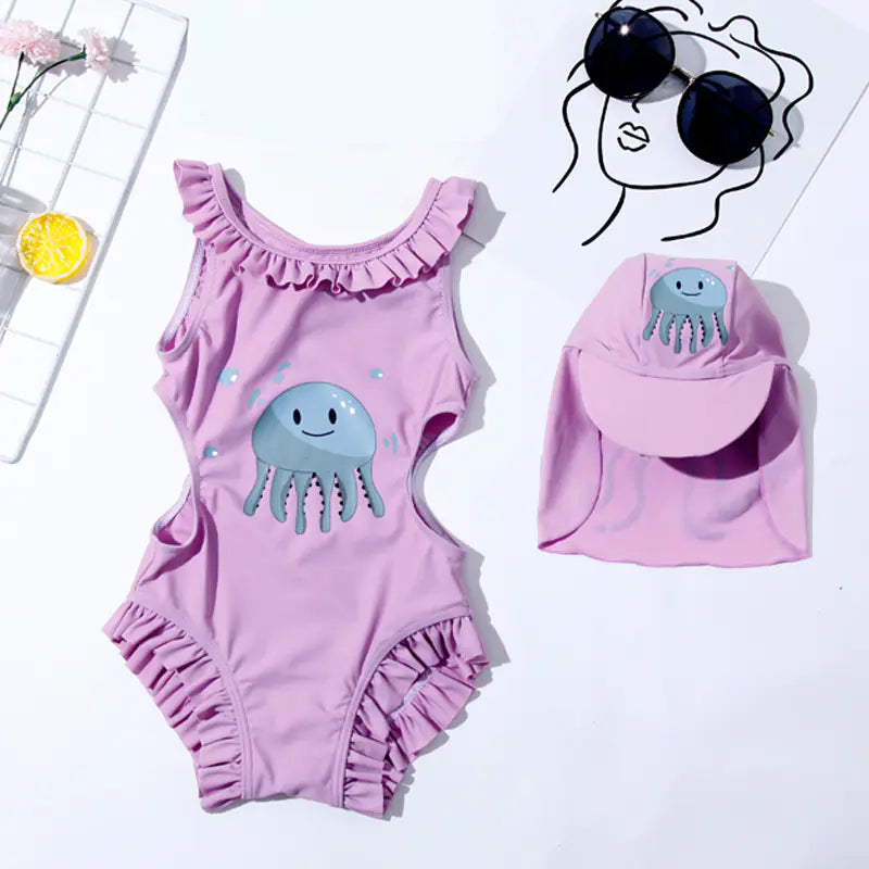 Girls' Cartoon Jellyfish One-Piece Swimsuit & Cap (1-7 Yrs)