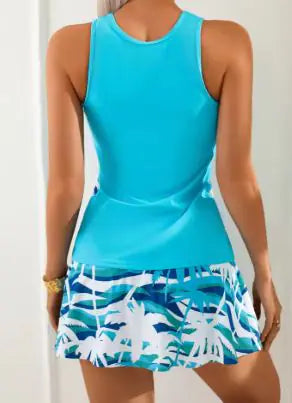 Sky Blue Printed Skirt Beach Swimsuit with Boxers - Women's 2-Piece Set