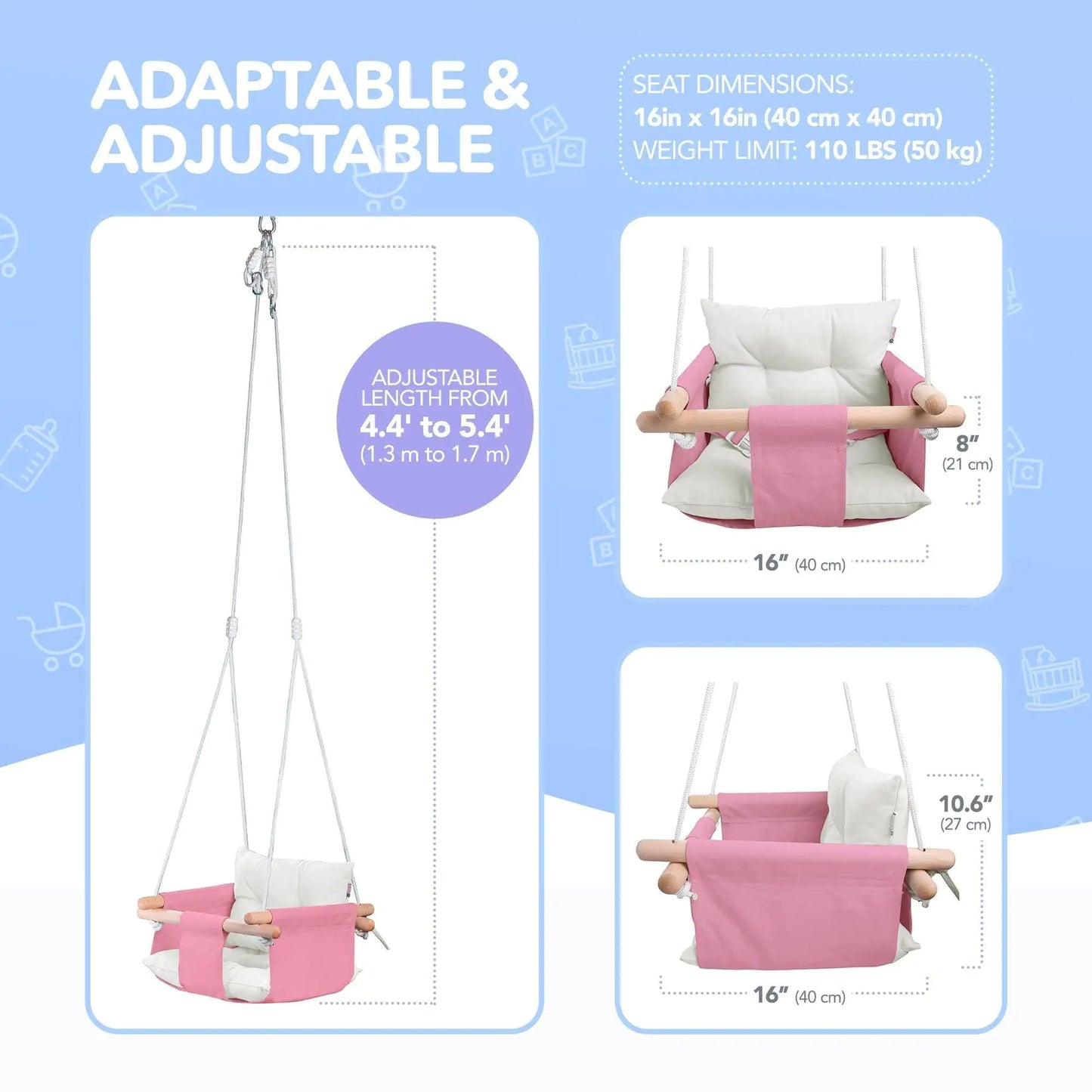 Pink Canvas Baby Swing Wooden Hanging Swing Seat Chair with Safety Belt Durable Baby Swing Chair Outdoor and Indoor Swing for Kids Mounting Hardware Included Pink