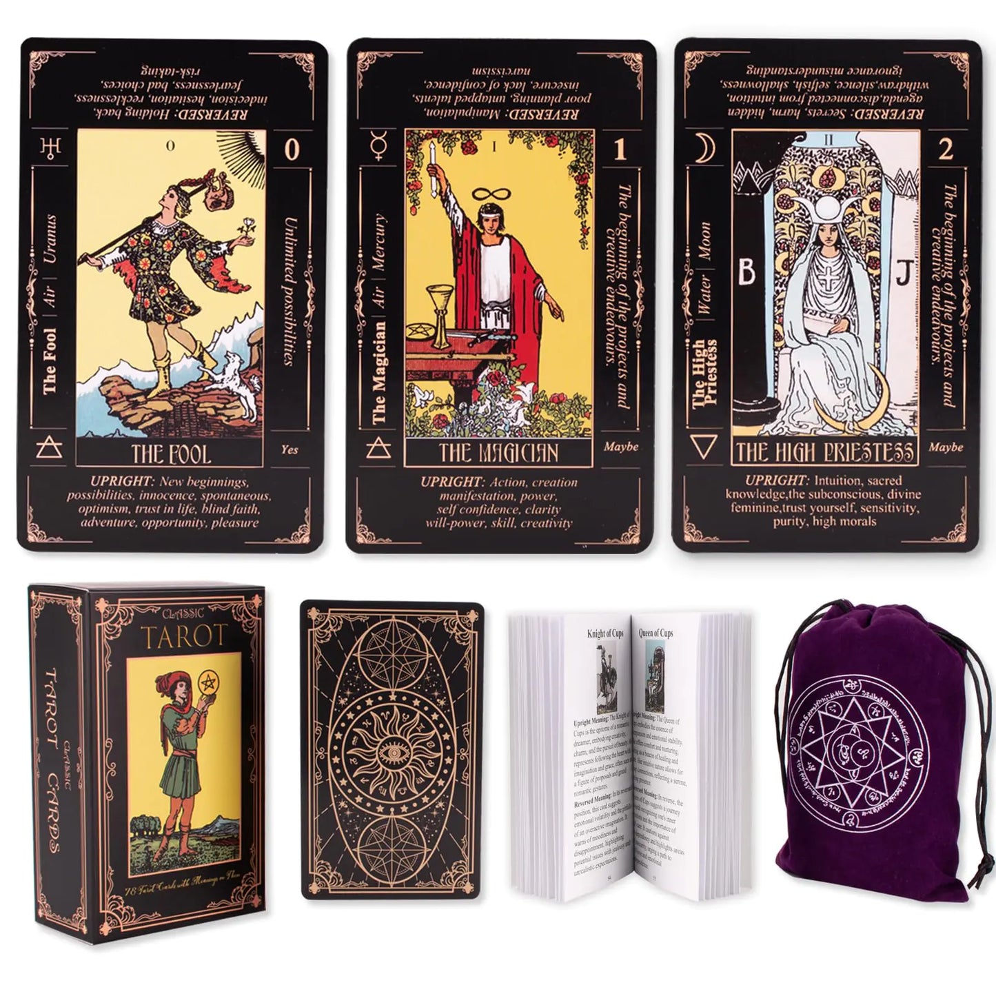KLEDERY Tarot Cards for Beginners Classic Tarot Cards with Meanings on Them Durable Tarot Cards with Guide Book for Beginners (Black)