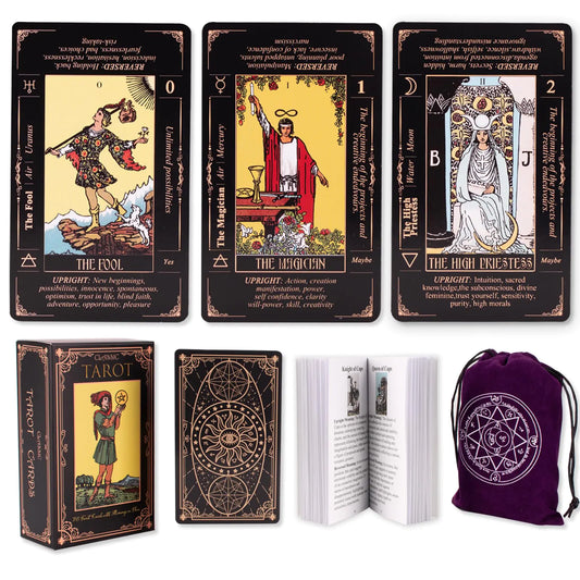 KLEDERY Tarot Cards for Beginners Classic Tarot Cards with Meanings on Them Durable Tarot Cards with Guide Book for Beginners (Black)