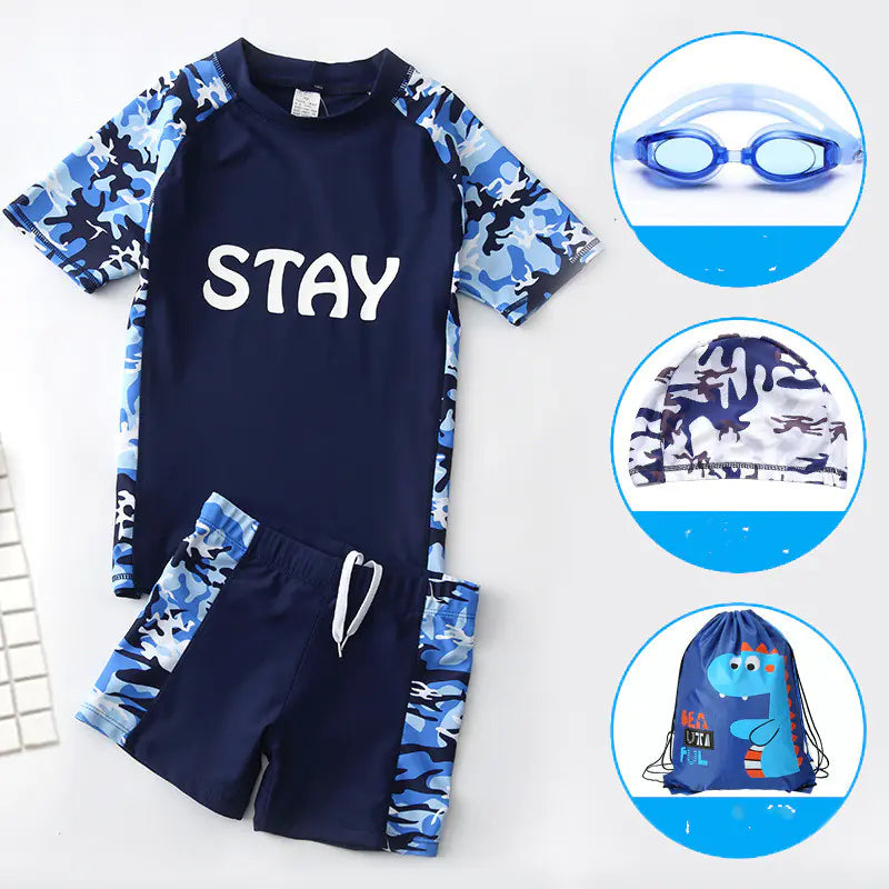 Boys' Swimwear Set with UV Protection and Swim Cap