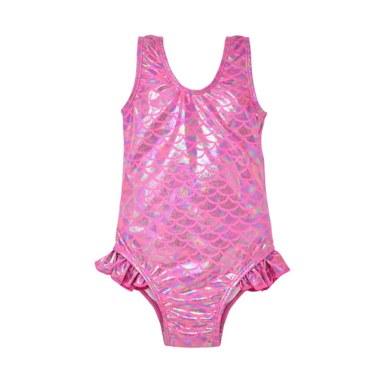 Flap Happy Girls UPF 50+ Delaney Hip Ruffle Swimsuit Shiny Pink Scales