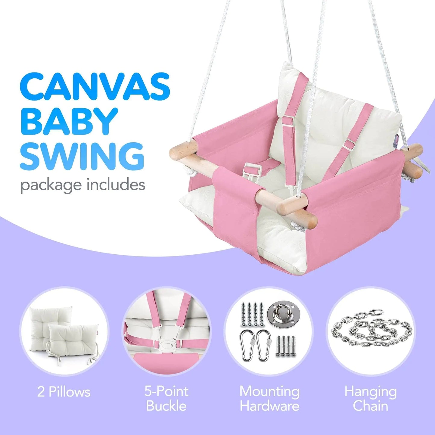 Pink Canvas Baby Swing Wooden Hanging Swing Seat Chair with Safety Belt Durable Baby Swing Chair Outdoor and Indoor Swing for Kids Mounting Hardware Included Pink