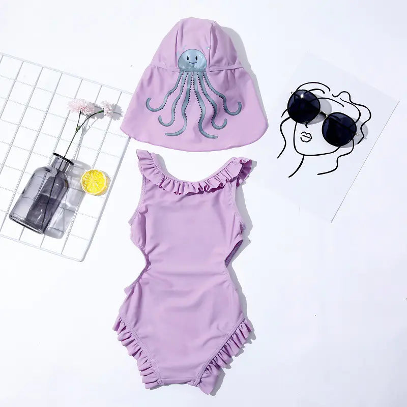 Girls' Cartoon Jellyfish One-Piece Swimsuit & Cap (1-7 Yrs)